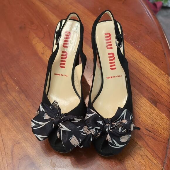 Miu Miu Black Peep Toe Sling Back Silk Bow Heels Sz 36 - Picture 1 of 16